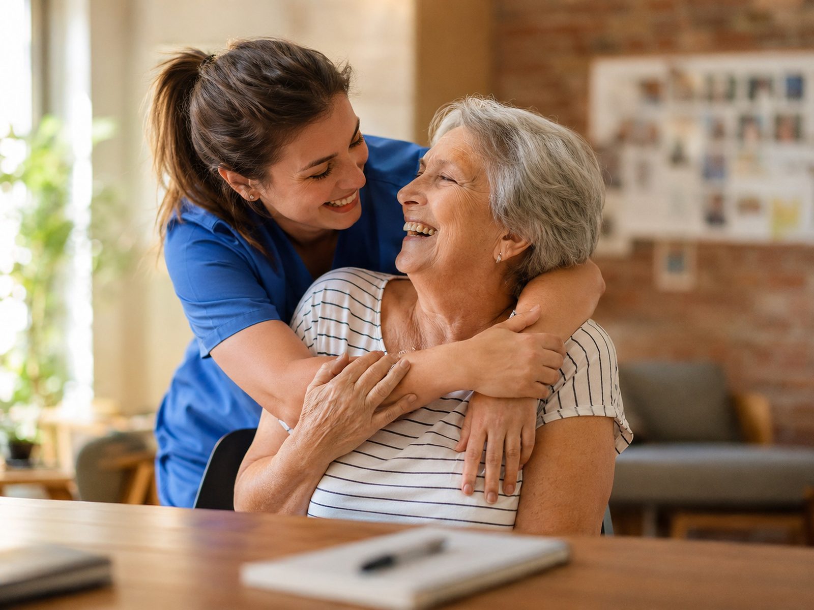 A home care worker sharing a warm embrace with a happy senior woman at home